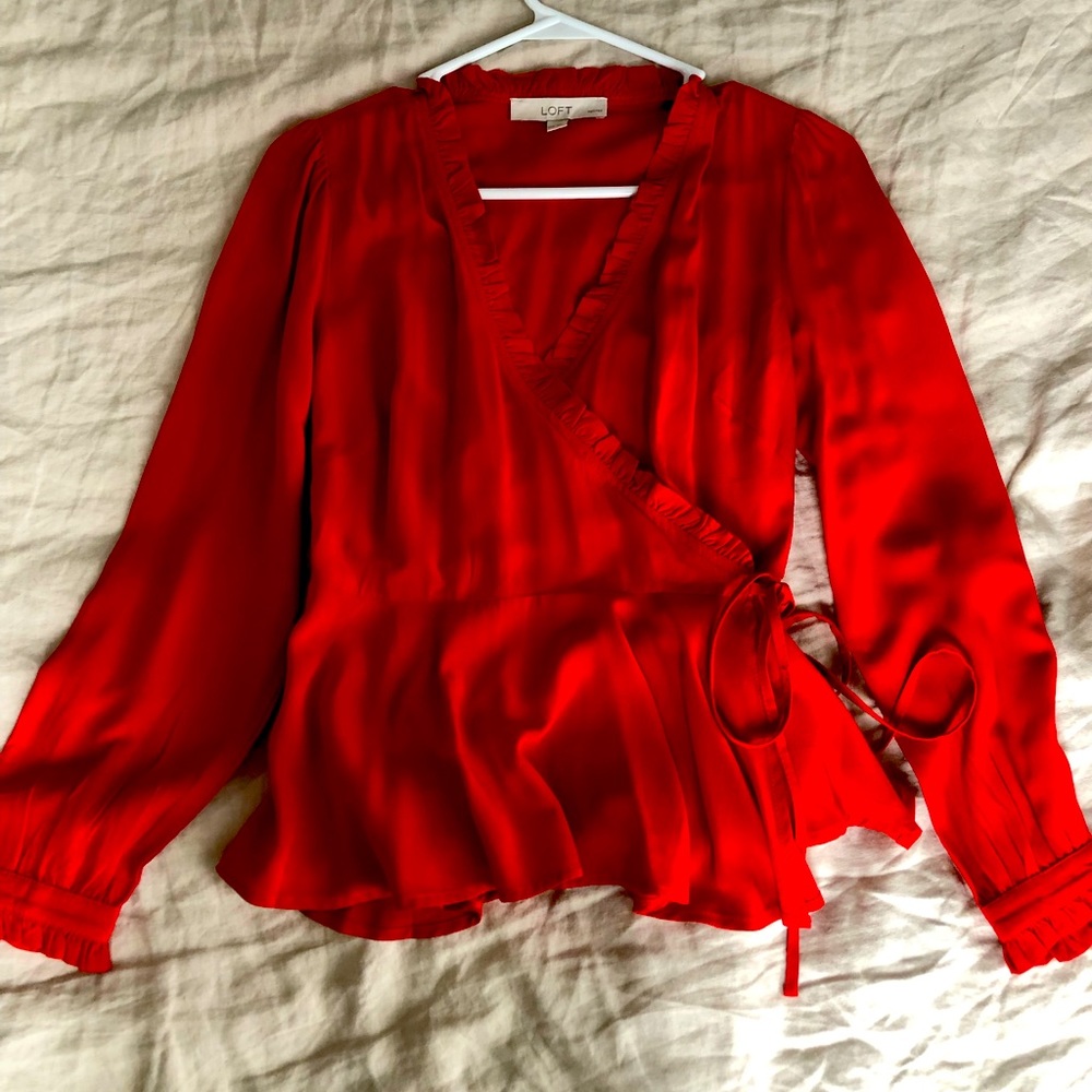 Red Loft wrap top w/ ruffles.